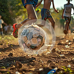 a group of children are playing with a soccer ball made out of plastic bags and waste