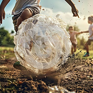 a group of children are playing with a soccer ball made out of plastic bags and waste