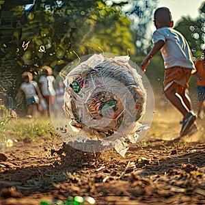 a group of children are playing with a soccer ball made out of plastic bags and waste