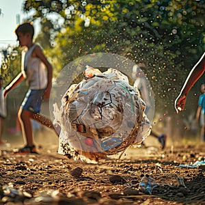 a group of children are playing with a soccer ball made out of plastic bags and waste