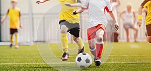 Group of Children Playing Sports. Kids Kicking Soccer Ball. Football Tournament For School Kids