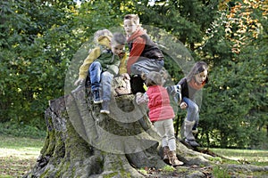 A group of children playing on a trunk