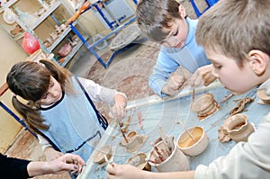 Group of children in pottery studio