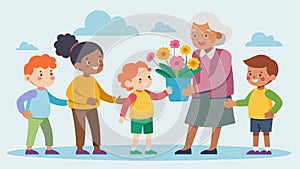 A group of children presenting flowers to a group of elders with the words Thank you for paving the way written in the