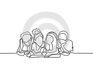 Group of children read book continuous one line drawing