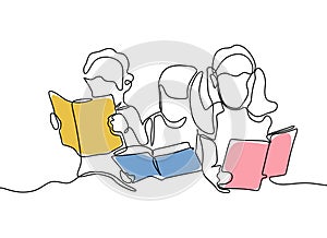 Group of children read book continuous one line drawing