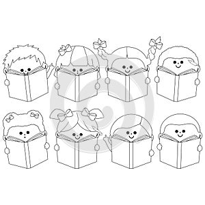 Group of children reading books. Vector black and white coloring page
