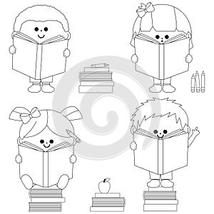 Group of children reading books. Vector black and white coloring page