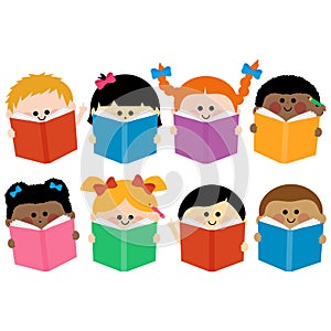 Group of children reading books. Vector illustration