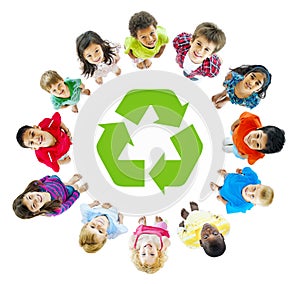 Group of Children with Recycling Symbols