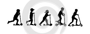 Group of children riding scooter vector silhouette. Kids on kick board enjoying together. Active outdoor fun and entertainment.