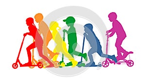 Group of children riding scooter vector silhouette. Kids on kick board enjoying together. Active outdoor fun and entertainment.