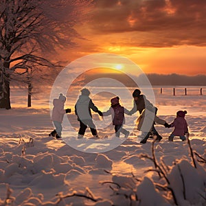 Group of children running away from camera, having fun outdoors in winter.