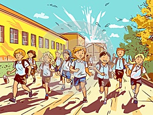 A Group Of Children Running In Front Of A Building - Happy children running to school in a hurry