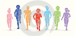 Group of Children running,kids run together cartoon graphic