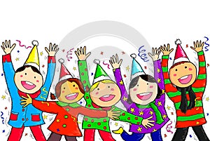 Group Children Season`s Greetings Happy New Year Merry Christmas