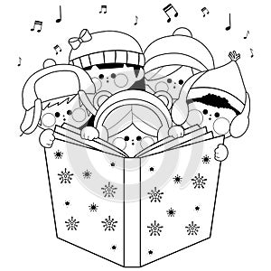 Group of children singing Christmas carols. Black and white coloring page