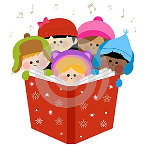 Group of children singing Christmas carols. Vector Illustration