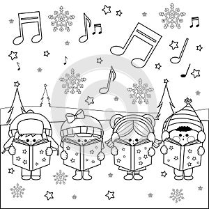 Group of children singing Christmas carols. Vector illustration