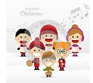 Group of children singing Christmas carols on white background