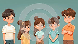 Group of children smiling and interacting in a cartoon style on blue background