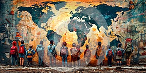 Group of children standing in front of wall with map on it. AI