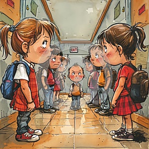 group of children standing together in a school hallway, some whispering and others looking uneasy. Bullying may be photo