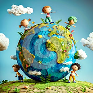 Group of children standing on top of blue and green globe with clouds in the background. AI