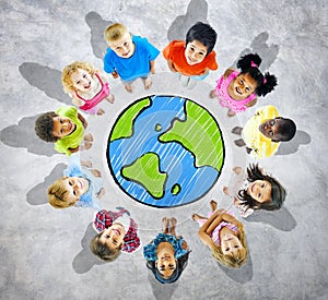 Group of Childrens around Globe in Grey Background