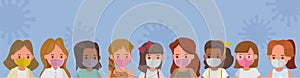 Group of childrens wear medical mask, virus and pollution protection concept character vector design