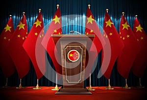 Group of Chinese flags standing next to lectern in the conference hall. 3D illustration