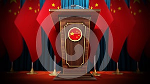 Group of Chinese flags standing next to lectern in the conference hall. 3D illustration