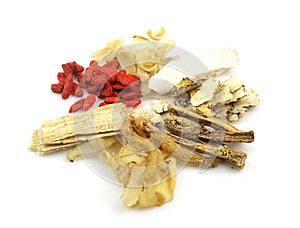 Group of Chinese medicine herbs on white background