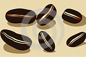 a group of chocolate beans on a white background with shadows on the ground and a shadow of a chocolate bean