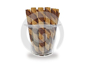 Chocolate Wafer Sticks in Plastic Cup isolated on White Background