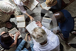 Group christianity people reading bible together