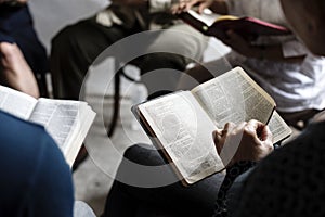 Group christianity people reading bible together