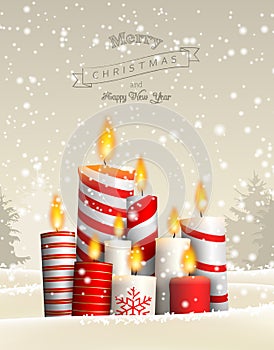 Group of Christmas candles in snowy landscape