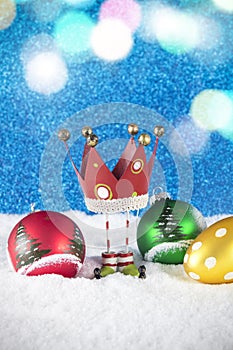 Group of Christmas decoration composed of colorful baubles and r