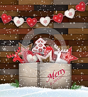 Group of Christmas ornaments in old wooden box