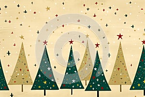Group of christmas trees with stars on them in row. Generative AI