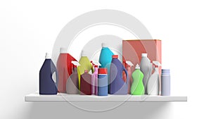 Group of cleaning products on a shelf. 3d illustration