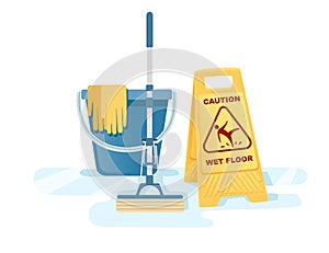 Group of cleaning tools wet floor sign mop bucket cleaning supplies flat vector illustration on white background