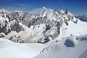 Group of climbers ascend from Vallee Blanche