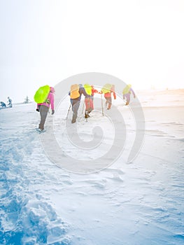 Group of climbers going to the top of mountain in winter