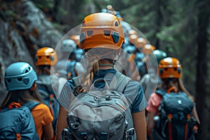 Group of climbers with helmets in forest