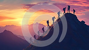 Group of Climbers Summiting Mountain Peak with Help from Each Other photo
