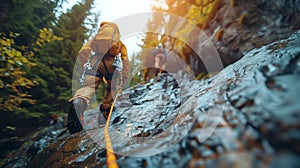 A group is climbing with rockclimbing equipment through the forest