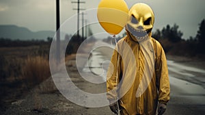 Eerie Clown Mask With Yellow Balloon On An Empty Road photo