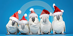 Group of cockatoos are wearing a Christmas hat, posing on blue background, funny looking